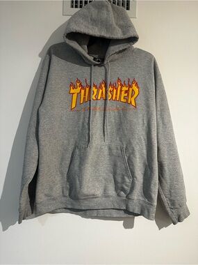 Thrasher Gray Hoodie with Yellow-Orange Flame Logo